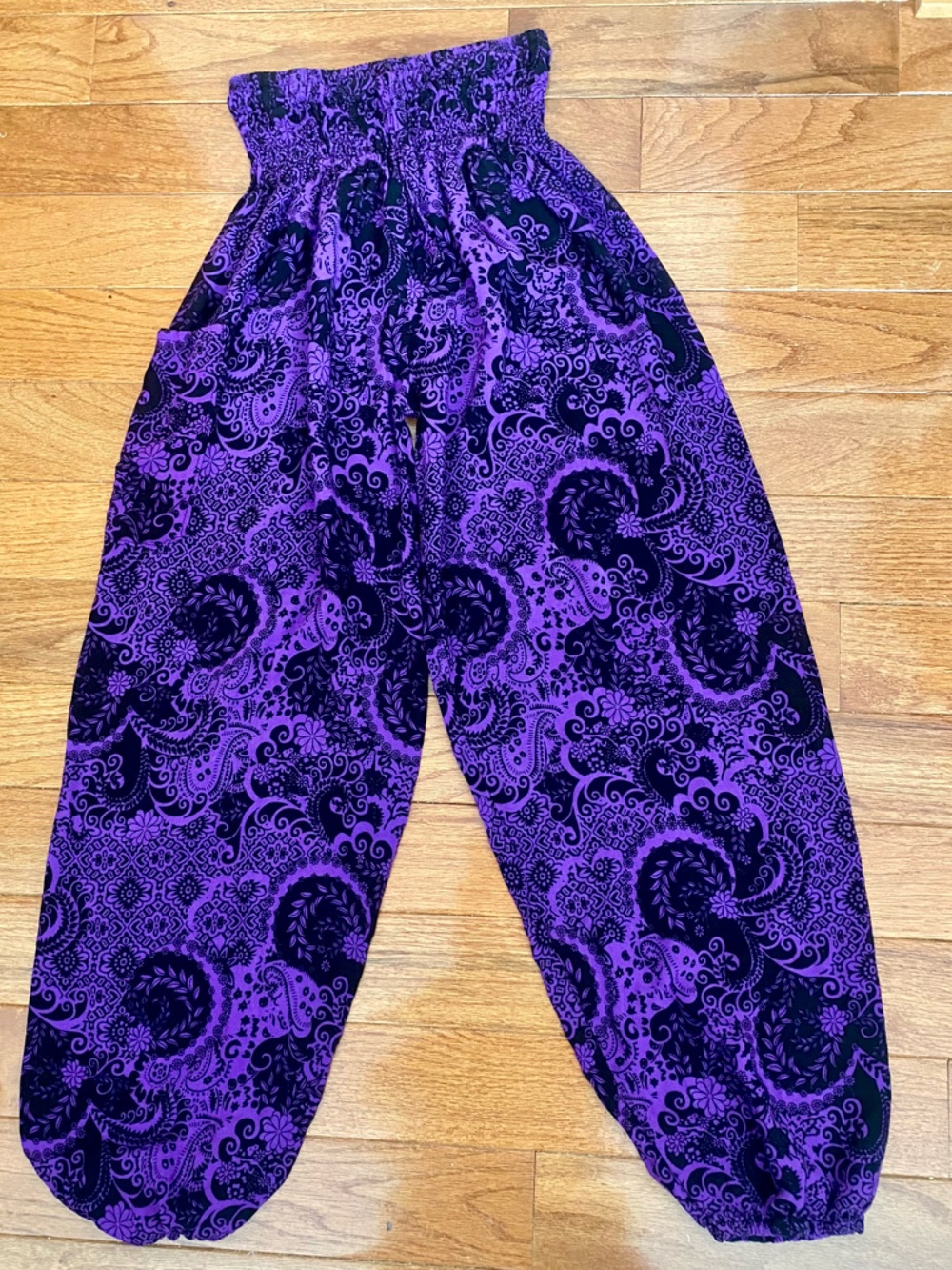 Yoa Purple Black Paisley Harem Pants Boho Festival Smocked Waist Cotton Jogger